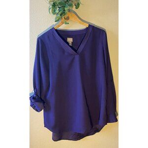 COPY - Chico's Blouse 1/Medium Purple Satin Trim V-Neck Long Roll Tab Sleeve Sh…